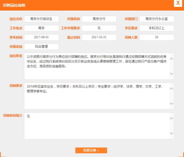 2018寧波銀行南京分行校園招聘30名管培生公告