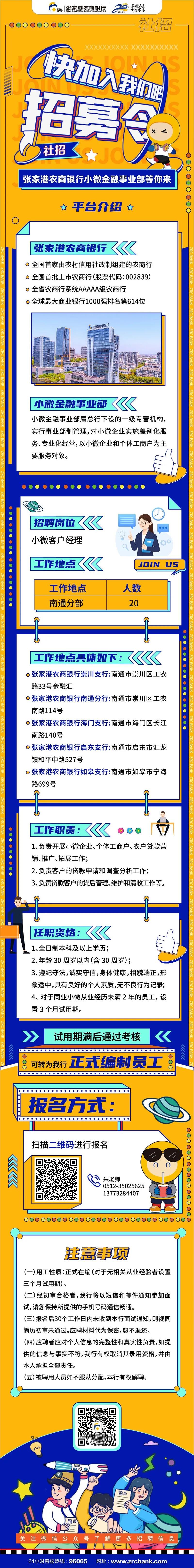 2021年張家港農商銀行小微金融事業部南通分部招聘公告